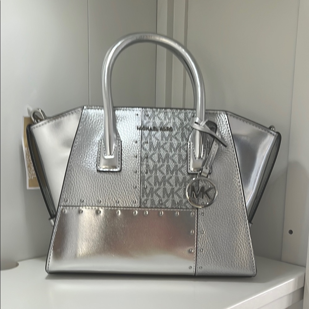 Avril Small Metallic Studded Patchwork & Signature Logo Satchel-NWT - Picture 3 of 9